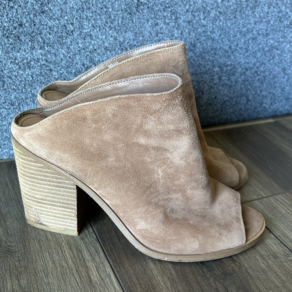 Steve Madden Nollla Mules Womens 7.5 Tan Suede Peep Toe Block Heel Shoes